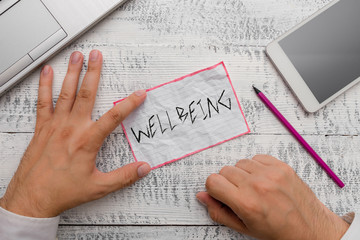 Writing note showing Wellbeing. Business concept for A good or satisfactory condition of existence including health - obrazy, fototapety, plakaty