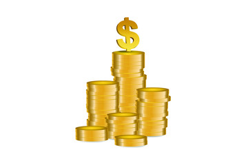 Dollar symbol at the top of Gold coins stack -  vector, illustration.