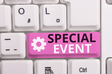 Writing note showing Special Event. Business concept for Function to generate money for non profit a Crowded Occassion White pc keyboard with note paper above the white background