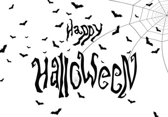 Happy Halloween banner with hand drawn text, spider web and bats. Vector illustration