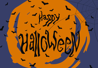 Happy Halloween banner with hand drawn text, spider web and bats. Vector illustration