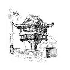 Japanese pagoda - oriental temple, ink drawing
