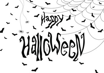 Happy Halloween banner with hand drawn text, spider, web and bats. Vector illustration