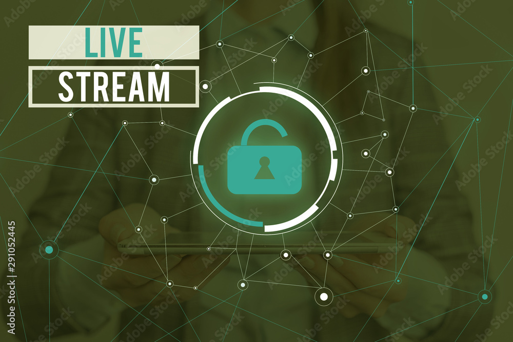 Aufkleber writing note showing live stream. business concept for transmit or receive video and audio coverage 