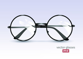 Black glasses isolated on light background, round black-rimmed glasses, women's and men's accessory. Optics, see well, lens, vintage, trend. Vector illustration. EPS10