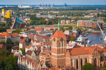Panorama from the height of the city of Gdańsk, cityscape, cranes, smog, buildings, top-view, buildings, industrial, old town, clouds, urban, aerial, town