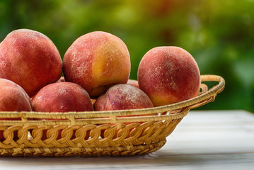 Ripe peaches in a wicker basket, green garden on the background. Close-up. Fruit season