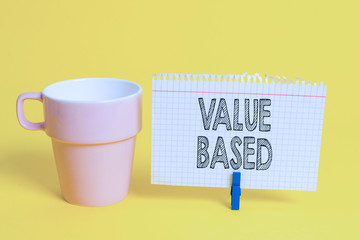 Writing note showing Value Based. Business concept for Considering the product worth in satisfying...