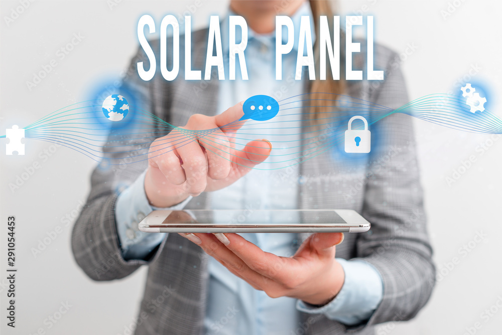 Poster handwriting text solar panel. conceptual photo designed to absorb suns rays source of energy generat