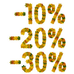 Discount ten, twenty, thirty percent. Text from yellow, green and orange maple autumn leaves. Isolate on white background