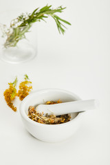 mortar and pestle with herbal mix near goldenrod twig and glass on white background