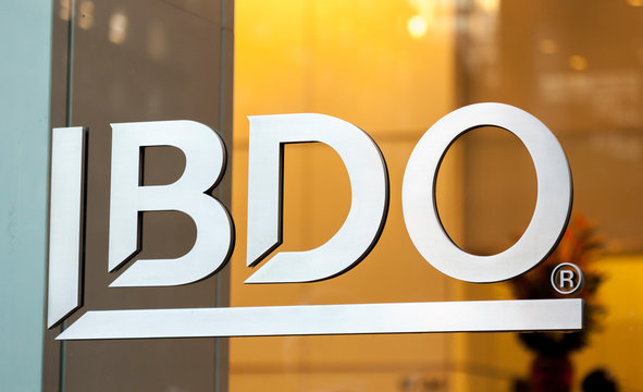 New York, New York, USA - September 17, 2019: Metal logo on glass at a BDO location in midtown Manhattan.