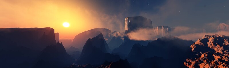 Alien landscape. Canyon at sunset. Sunrise in the mountains. 3d rendering.