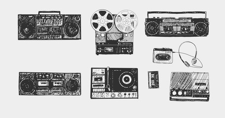 Retro media. Microphones, reel tape recorder, radio receiver, headphones. Set of items music lover and radio isolated on white background.