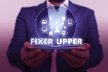Text sign showing Fixer Upper. Business photo showcasing house in need of repairs used chiefly...