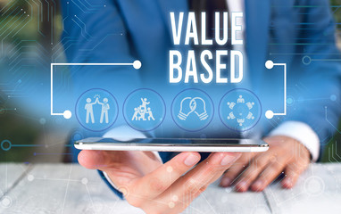 Word writing text Value Based. Business photo showcasing Considering the product worth in...