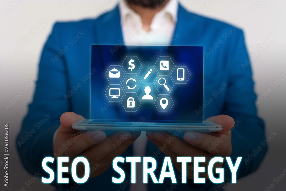 Aufkleber conceptual hand writing showing seo strategy. concept meaning techniques and tactics to increase the