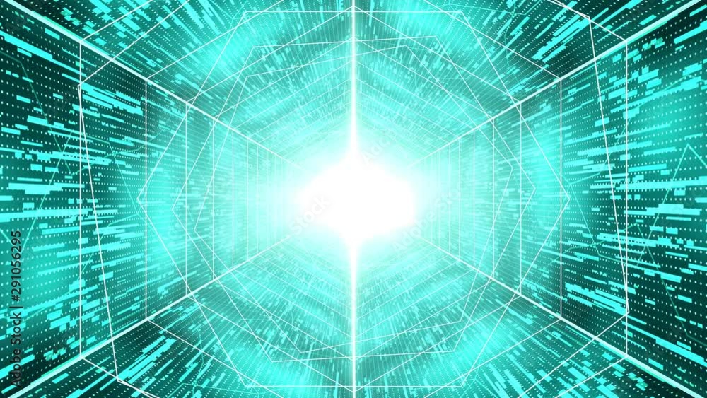 Poster digital matrix tunnel with bright light ahead, source code virtual machine