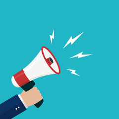 Cartoon hand holding loudspeaker, loud voice horn, megaphone.Flat banner with person shout message.Sound from megaphone for social media, promote business, public.Blue background vector eps10