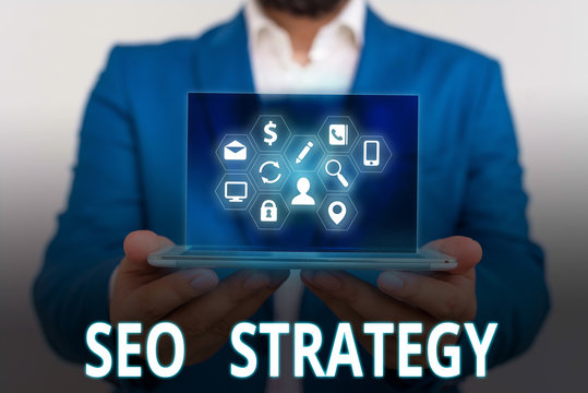 Conceptual hand writing showing Seo Strategy. Concept meaning Techniques and tactics to increase the visitors of a website
