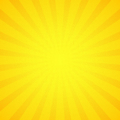 Yellow pop art comic background with blast halftone dot.Cartoon comic explosion pattern with radial sun. Comic background in retro style. vector illustration