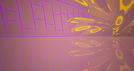 Abstract architectural smooth white interior of a minimalist house with color gradient neon lighting. 3D illustration and rendering.