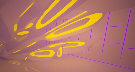 Abstract architectural smooth white interior of a minimalist house with color gradient neon lighting. 3D illustration and rendering.