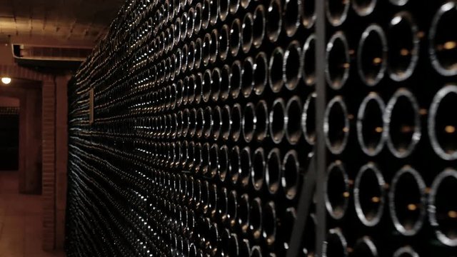 View of cava bottles stacked up on walls in dark cellar.