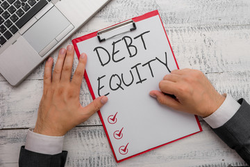 Handwriting text writing Debt Equity. Conceptual photo dividing companys total liabilities by its...
