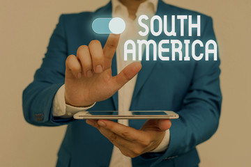 Word writing text South America. Business photo showcasing Continent in Western Hemisphere Latinos...