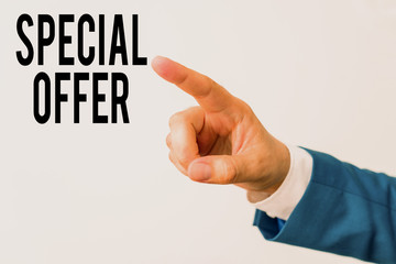 Writing note showing Special Offer. Business concept for Discounted price Markdown Promotional Items Crazy Sale Isolated hand pointing with finger. Business concept pointing finger