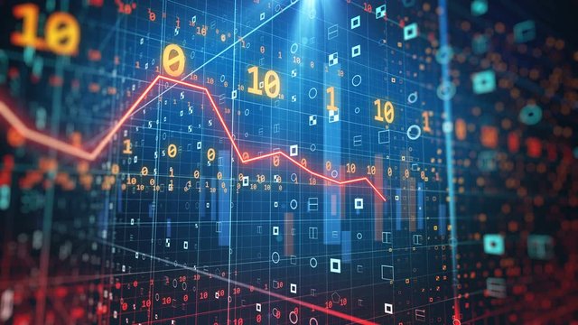 Digital 3d world made of 0 and 1 machine code, performance graph inside computer