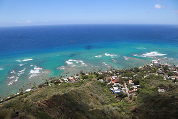 view of the beach from mountain in Hawaii