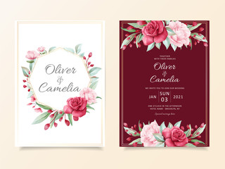 Burgundy wedding invitation card template set of elegnat flowers decoration. Garden floral border save the date, invitation, greeting cards vector
