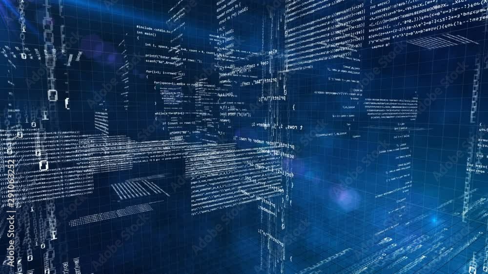 Aufkleber 3d world of programming inside computer, machine symbols code fly around back