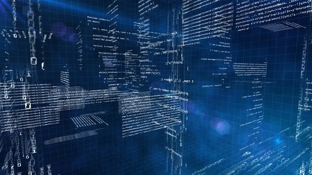 3d world of programming inside computer, machine symbols code fly around back