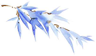 Watercolor and ink painted tree branch with leaves