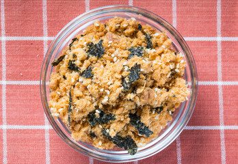 shredded pork floss with dried seaweeds and sesame seeds, usually used on congee or toppings on bread
