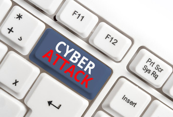 Writing note showing Cyber Attack. Business concept for An attempt by hackers to Damage Destroy a...