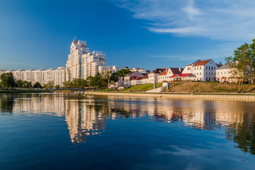 View of Svislach river and  the Trinity Suburb in Minsk, Belarus