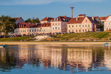 MINSK, BELARUS - JUNE 6, 2017: View of Svislach river and  the Trinity Suburb in Minsk, Belarus