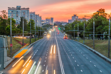 Sunset view of Partizanskiy prospekt in Minsk, Belarus