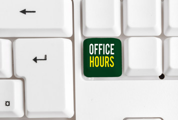 Conceptual hand writing showing Office Hours. Concept meaning The hours which business is normally...