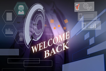 Word writing text Welcome Back. Business photo showcasing Warm Greetings Arrived Repeat Gladly Accepted Pleased Woman wear formal work suit presenting presentation using smart device