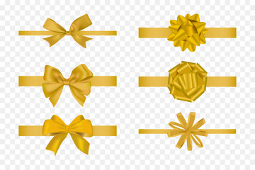 Obraz na płótnie Canvas isolated of realistic gold ribbon bow set on transparent background. Concept for ribbon tie for new year or christmas decoration in vector illustration