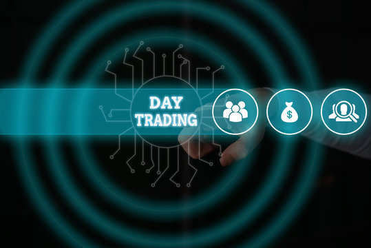 Conceptual hand writing showing Day Trading. Concept meaning securities specifically buying and selling financial instruments Male wear formal suit presenting presentation smart device