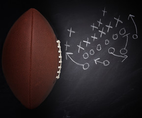 High angle flat lay of an American Pro Style Football and play diagram on a chalkboard.