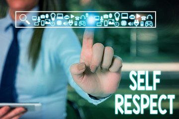 Handwriting text writing Self Respect. Conceptual photo Pride and confidence in oneself Stand up for yourself Woman wear formal work suit presenting presentation using smart device