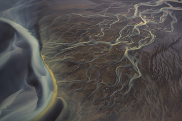 Aerial views of glacier river patterns in Iceland