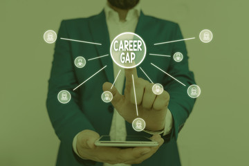 Text sign showing Career Gap. Business photo showcasing A scene where in you stop working by your...